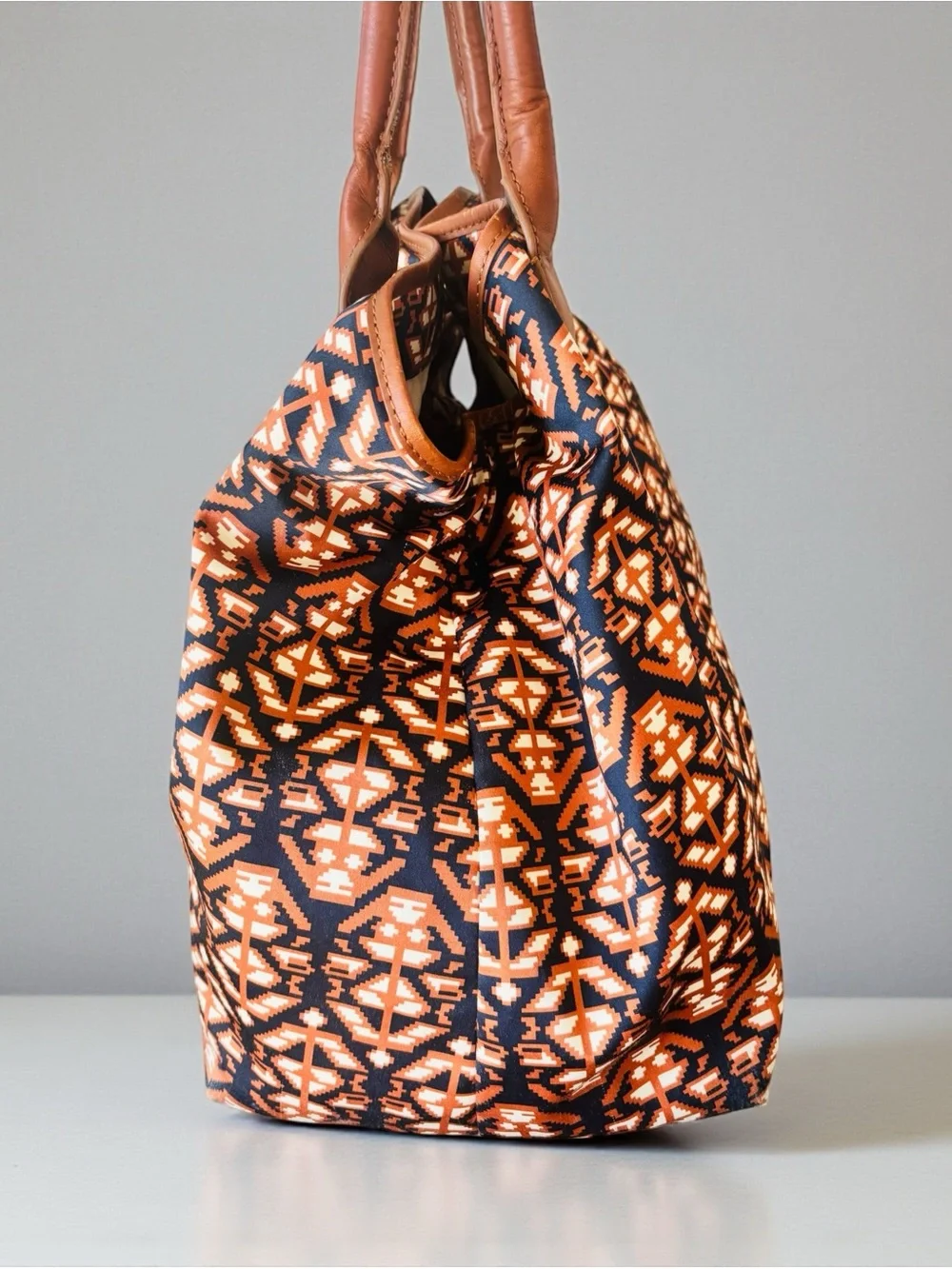 Tory Burch Ella Aztec Navy and Orange Geometric Tote with Brown Leather Handles - Picture 4 of 12